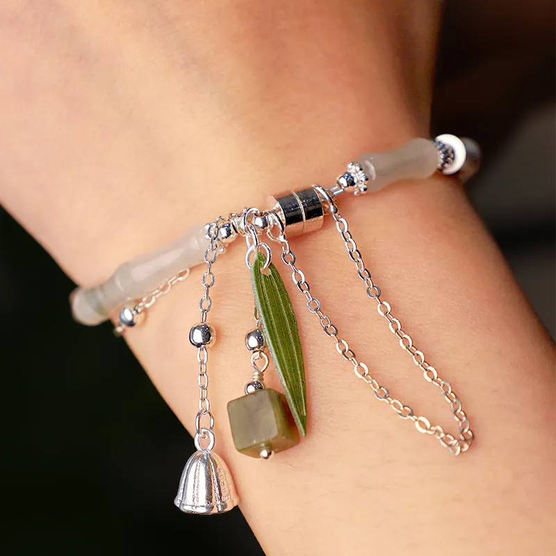 Bamboo Leaf Lantern Charm Happiness Bracelet with Natural White Jade in 925 Sterling Silver - Image 8