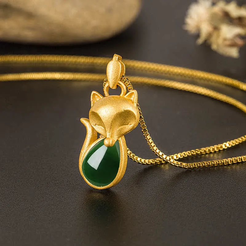Luck Muse Green Chalcedony Fox Courage Necklace Pendant - Image 2