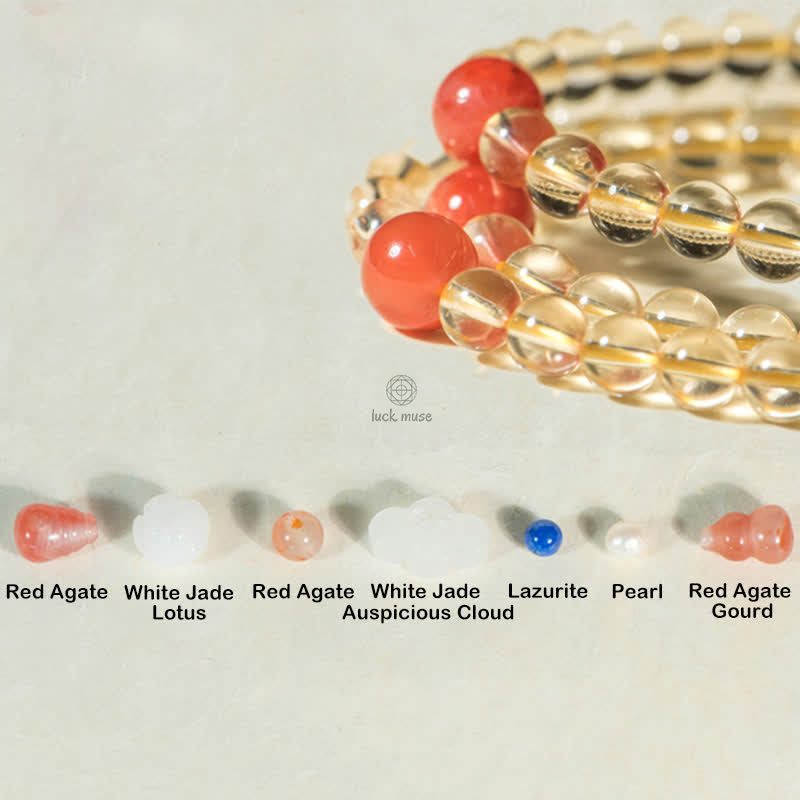 Luck Muse 108 Mala Beads Bracelet with 925 Sterling Silver, Natural Citrine, Red Agate, and White Jade Prosperity Charm - Image 20