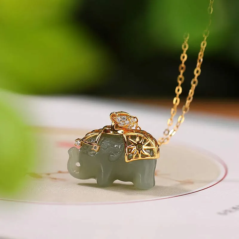 Luck Muse Jade Elephant Blessing Fortune 925 Sterling Silver Necklace Pendant - Image 2