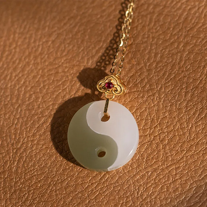 Luck Muse Yin Yang Jade Necklace Pendant with 18K Gold for Luck and Prosperity