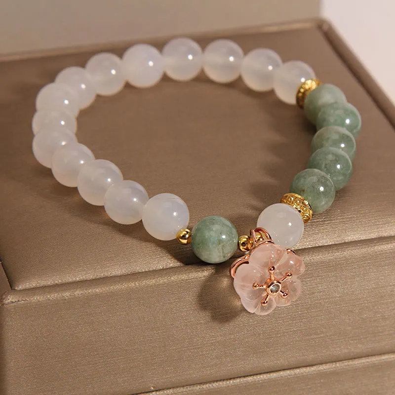 White Agate and Jade Flower Charm Bracelet for Luck and Protection - Image 2