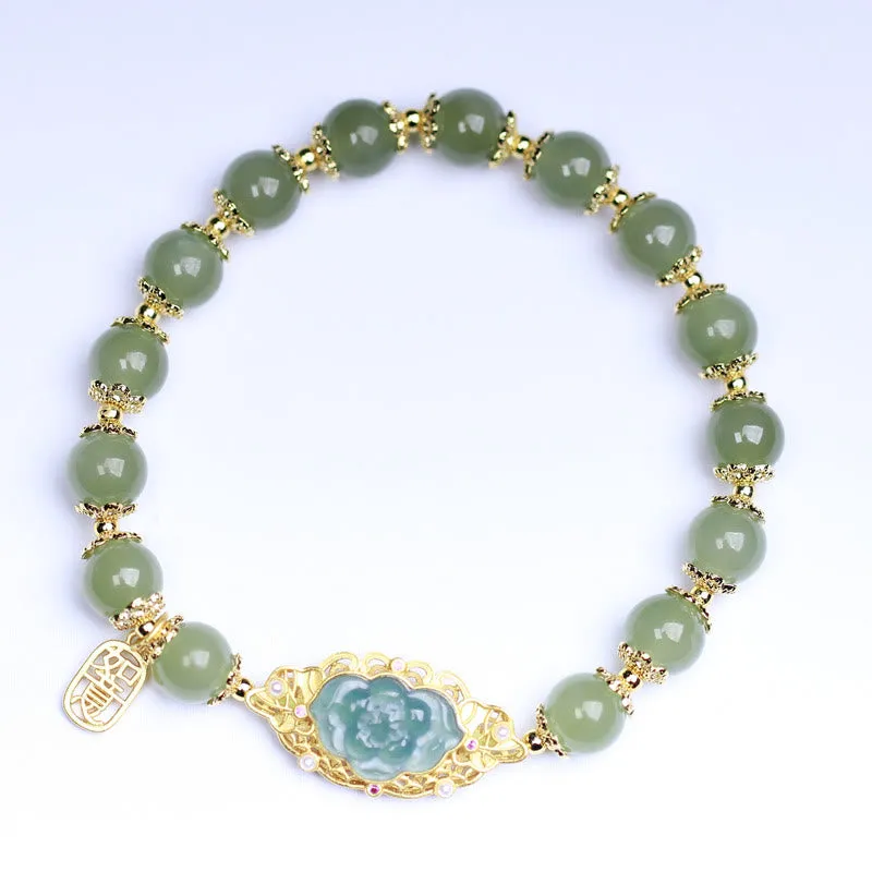 925 Sterling Silver Bracelet with 14K Gold Plating and Hetian Jade Lotus Charm for Good Luck - Image 4