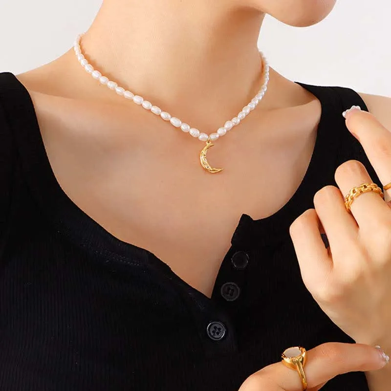 Pearl Crescent Moon Titanium Steel Calm Necklace Pendant by Luck Muse Shop - Image 5