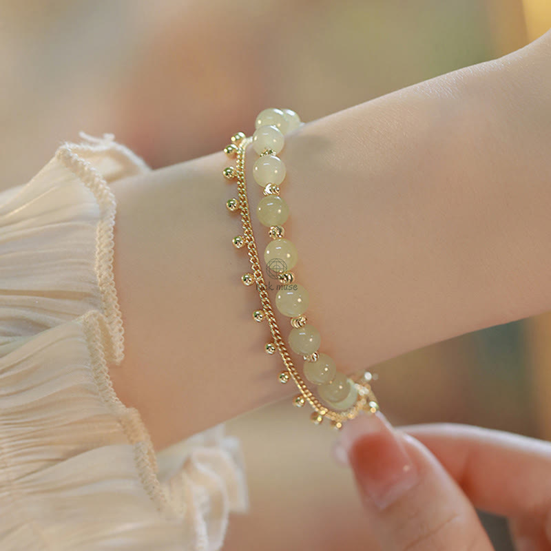 Luck Muse Shop 14K Gold-Plated Double Layer Hetian Jade Bead Bracelet for Luck and Prosperity - Image 3