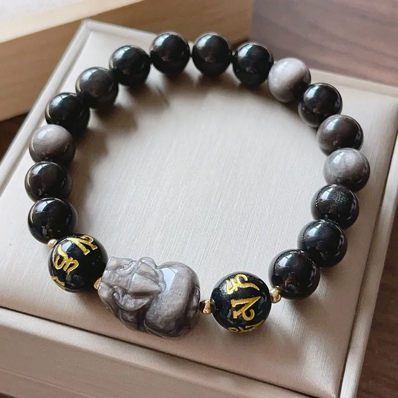 Silver Sheen Obsidian Luck Muse Bracelet with Om Mani Padme Hum Pixiu Protection