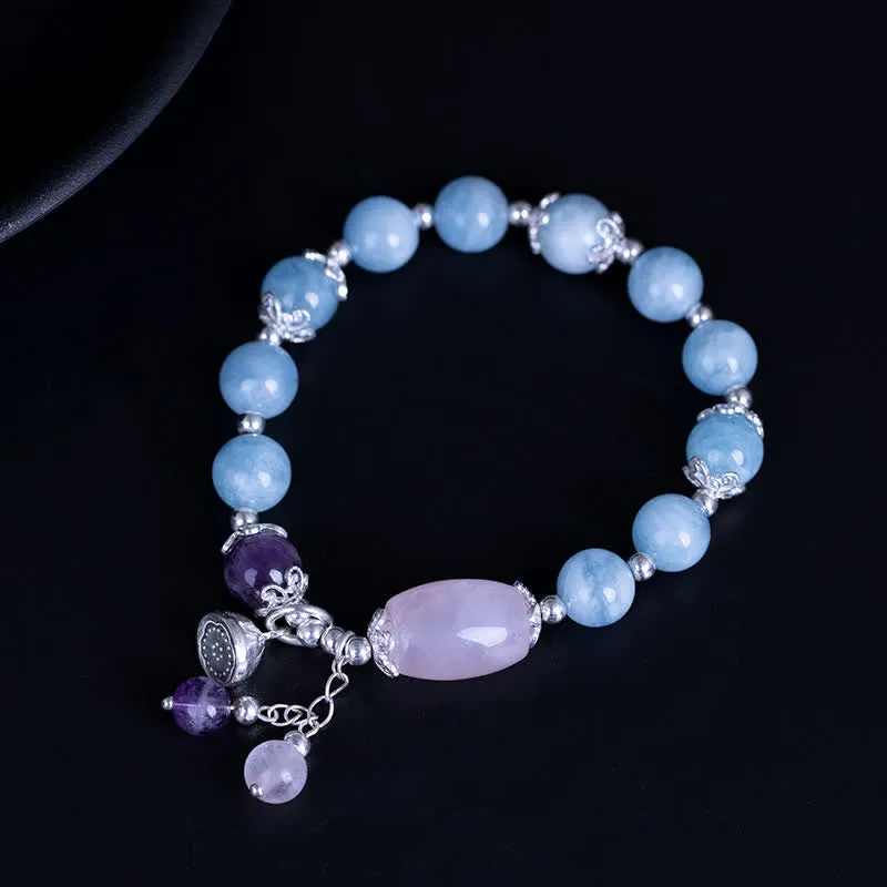 925 Sterling Silver Aquamarine Amethyst Lotus Charm Bracelet - Luck Muse Healing Bracelet - Image 3