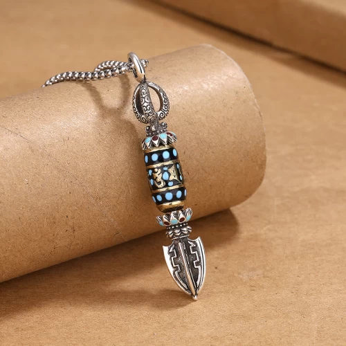 Tibetan Om Mani Padme Hum Dzi Bead Protection Wealth Rotatable Necklace Pendant