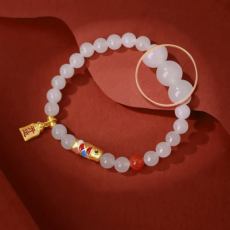 Hetian White Jade and Red Agate Koi Fish Luck Bracelet in 925 Sterling Silver - Image 4