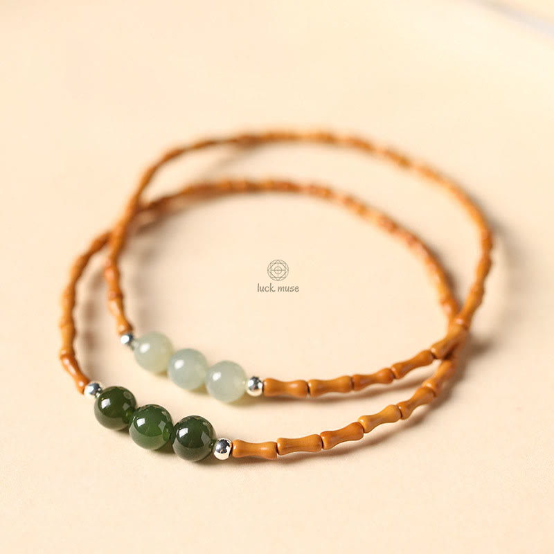 Bamboo Pattern Hetian Jade Beads Luck Bracelet with Luck Muse and Olive Pit - Natural