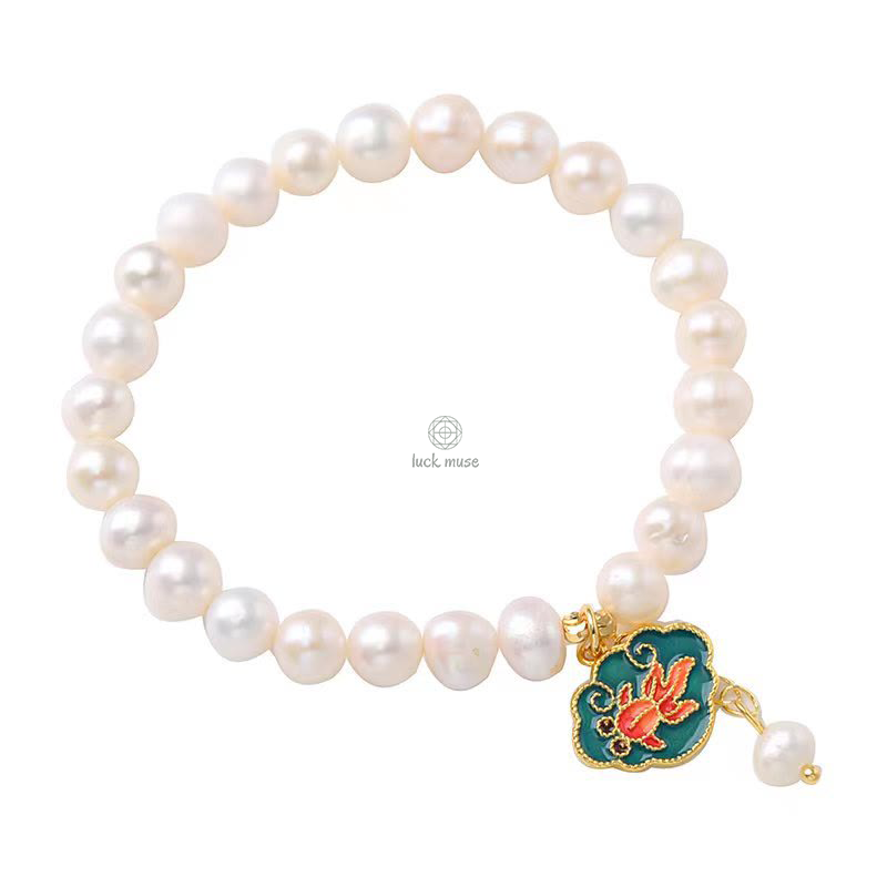 Natural Pearl Lotus Goldfish Optimism Charm Bracelet - Image 7