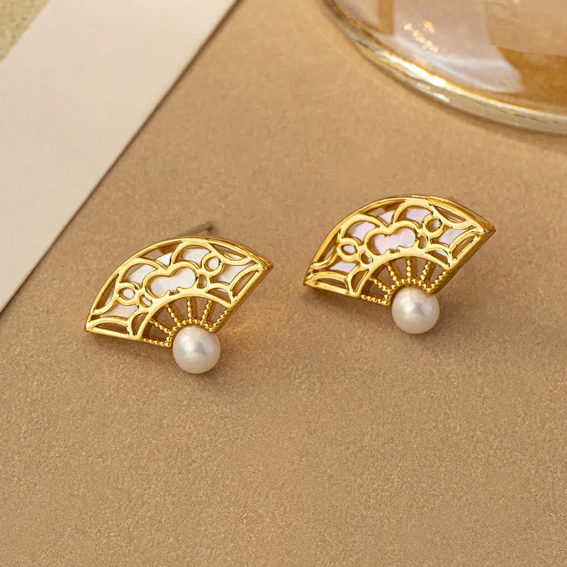 Luck Muse 925 Sterling Silver Earrings with Fan Pattern Pearl Copper Wisdom Stud Drop - Image 5