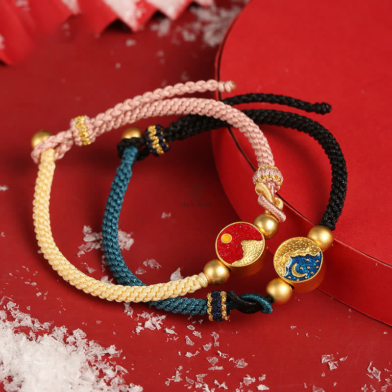 Luck Muse Handmade Luck Sea and Mountain Engraved Couple Bracelet with Two-Color String