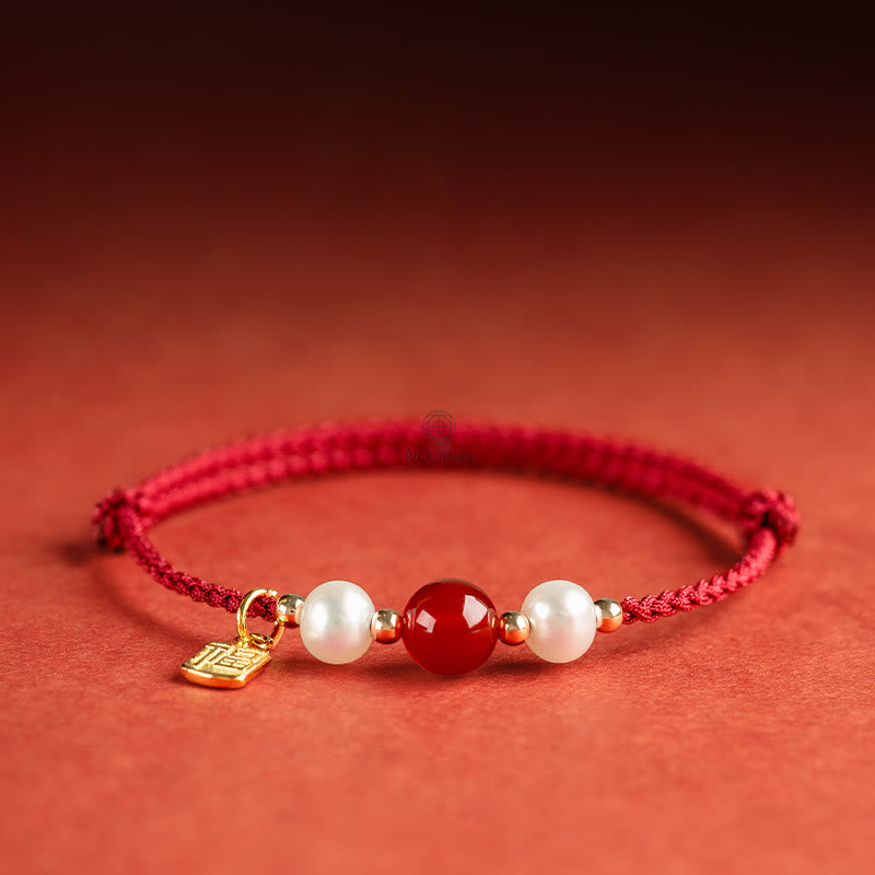 Luck Muse 925 Sterling Silver Fu Character Agate Pearl Red String Braid Bracelet - Image 8