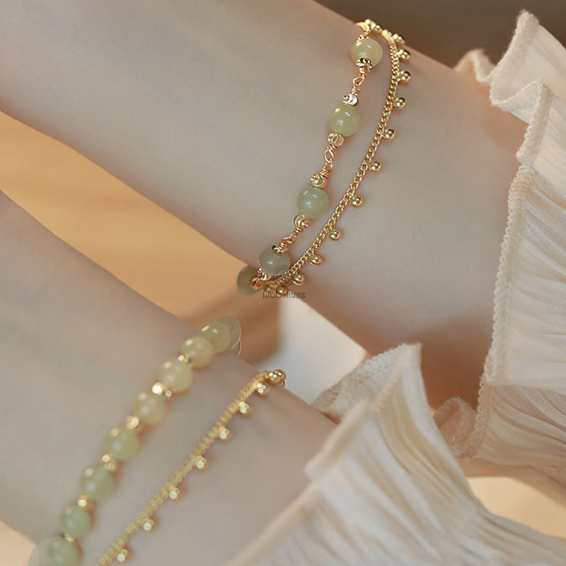 Luck Muse Shop 14K Gold-Plated Double Layer Hetian Jade Bead Bracelet for Luck and Prosperity - Image 10