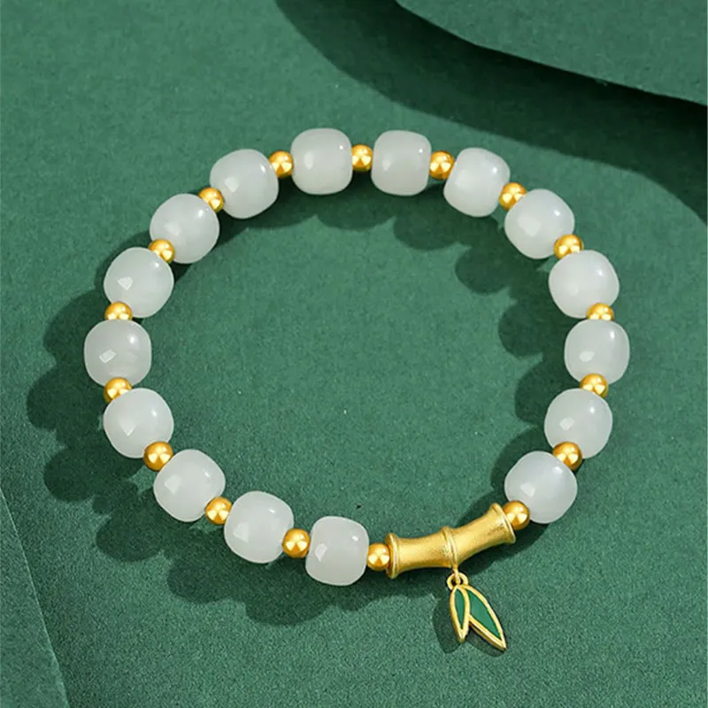 Bamboo Luck Bracelet with Hetian White Jade and 925 Sterling Silver Accents - Image 5