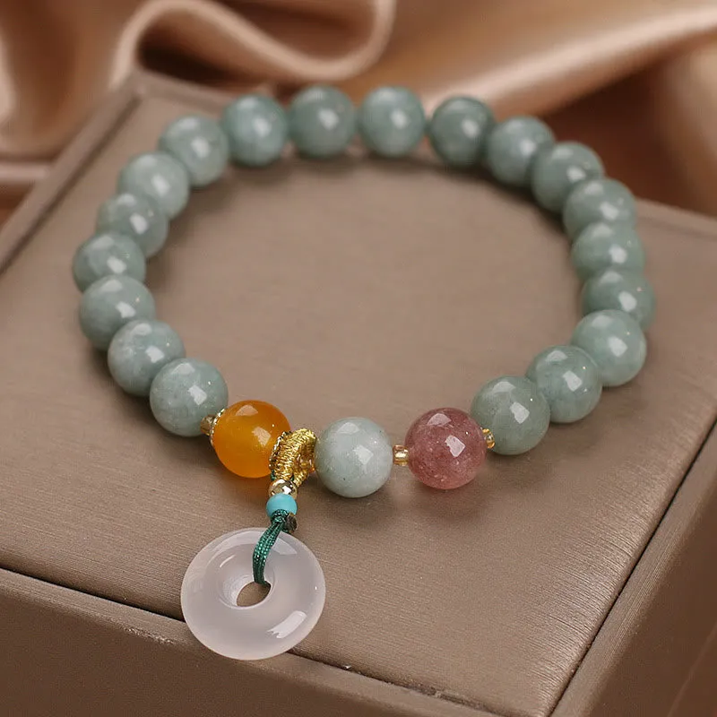 Buddhist Jade and Strawberry Quartz Beaded Peace Buckle Prosperity Bracelet