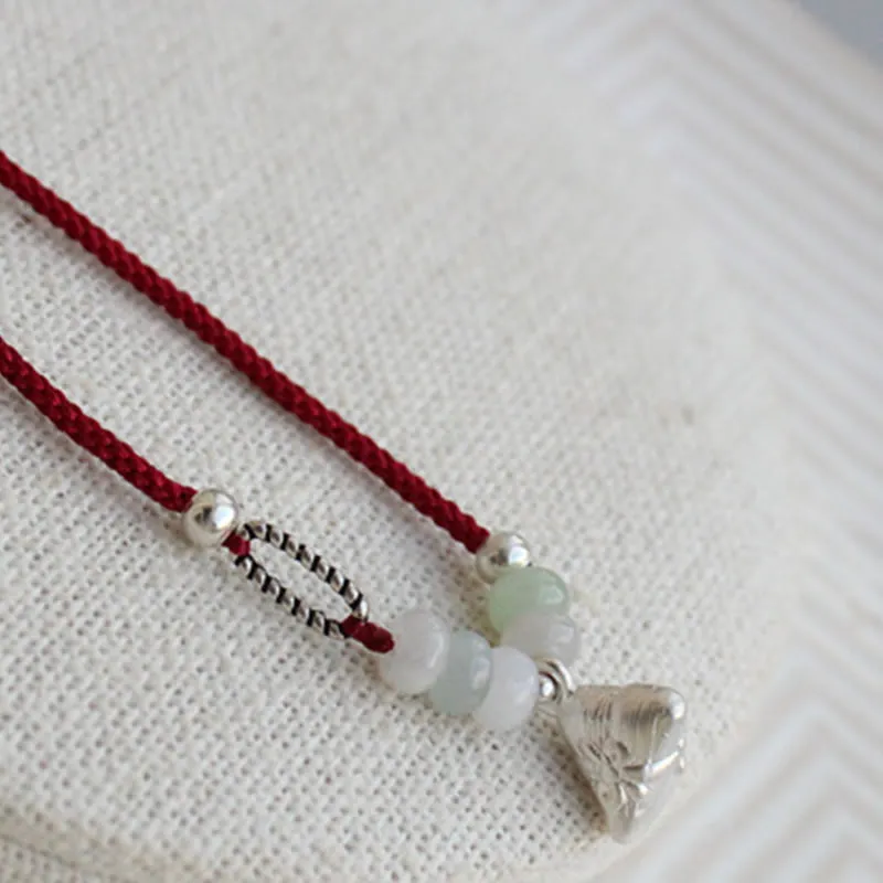 Luck Muse Jade Red String Bracelet with 925 Sterling Silver Zongzi Charm for Abundance - Image 5