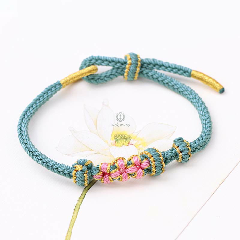 Braided String Bracelet with Handmade Three Peach Blossoms for Good Luck - Eight Strands - Image 3