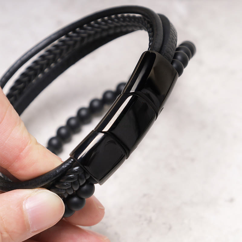 Natural Lava Rock Frosted Stone Bead Leather Bracelet with Black Onyx Accents - Image 6