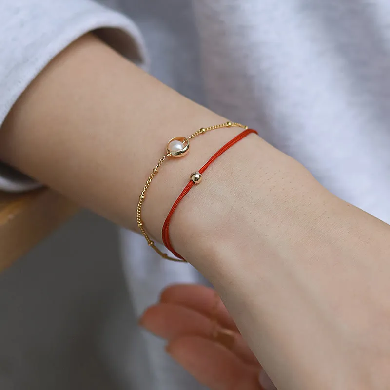 Double Layer Pearl Bead and Red String Bracelet with 14K Gold Plating by Luck Muse Shop - Image 2