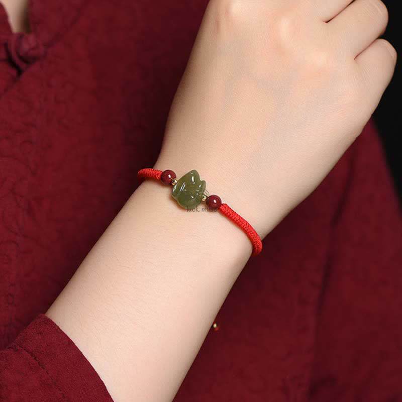 Year of the Rabbit Hetian Jade and Cinnabar Beaded Abundance Bracelet - Image 5