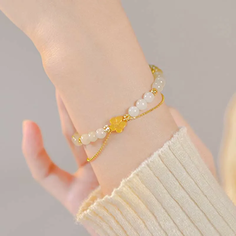 Luck Muse 925 Sterling Silver Hetian Jade Peach Blossom Luck Chain Bracelet - Image 3