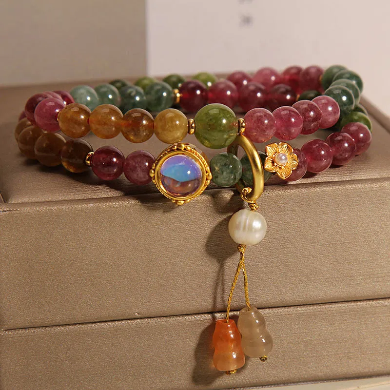 Positive Energy Multicolored Tourmaline Luck Muse Double Wrap Gourd Charm Bracelet - Image 2