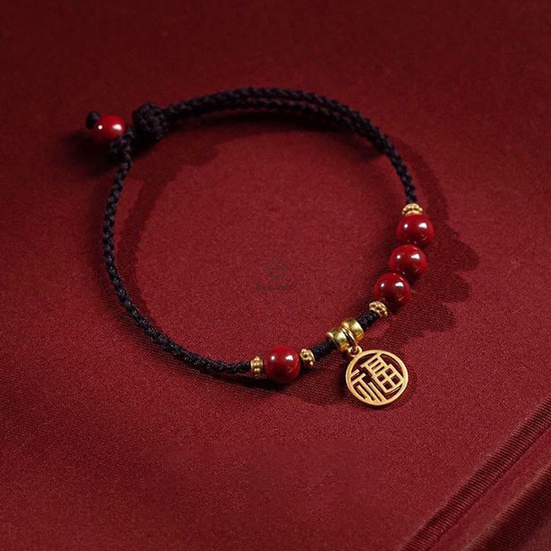 Braided Cinnabar Bead Bracelet with Fu Character Charm by Luck Muse Shop - Image 7