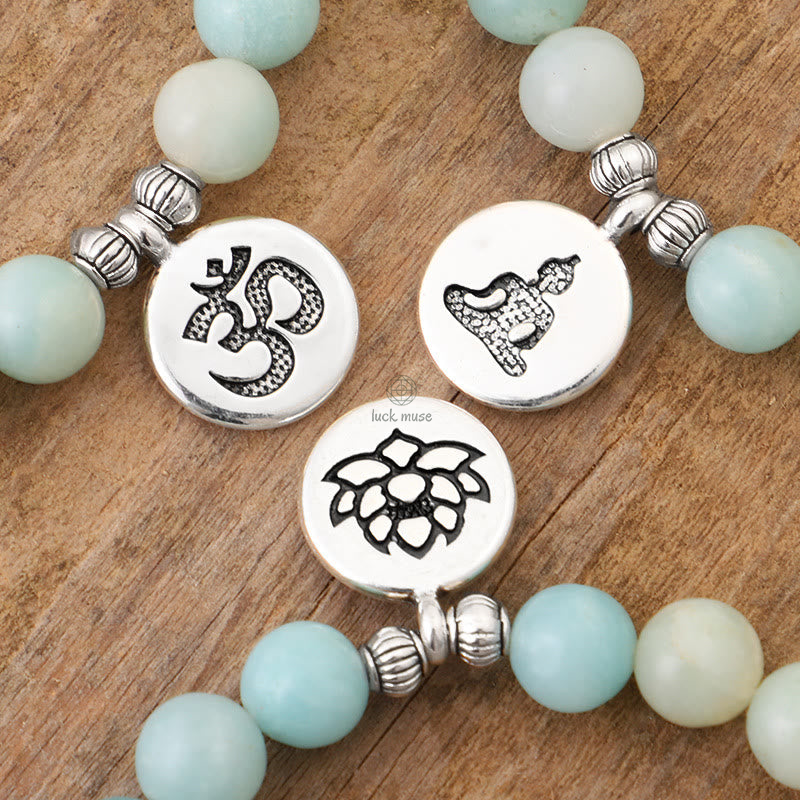 Natural Pink Crystal Amazonite Buddha Bracelet with Lotus and OM Symbol - Image 4