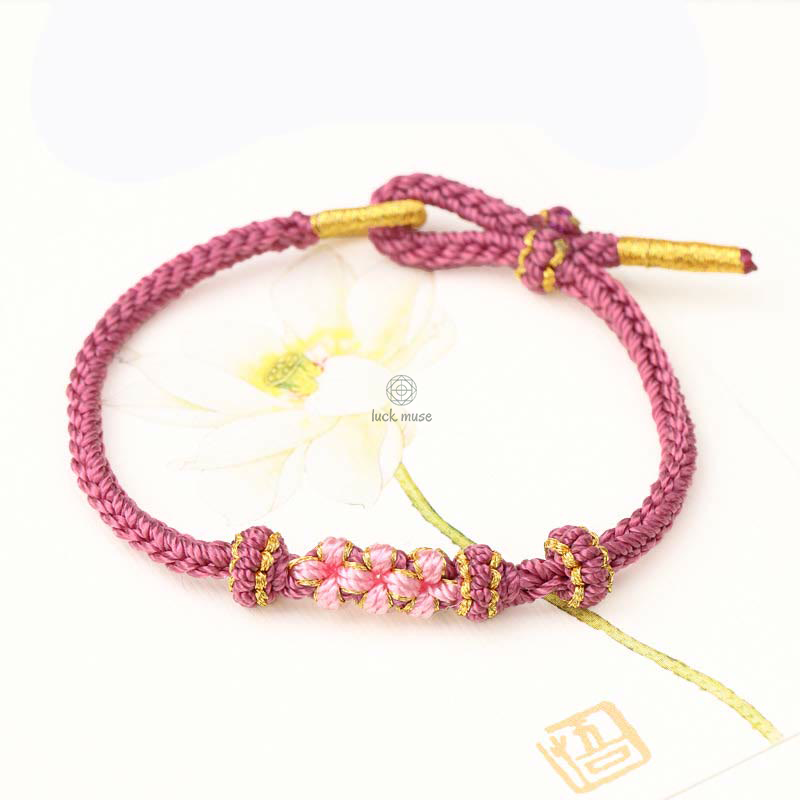 Braided String Bracelet with Handmade Three Peach Blossoms for Good Luck - Eight Strands - Image 7