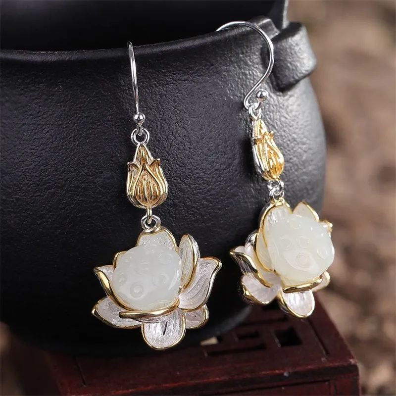 Luck Muse Shop 925 Sterling Silver White Jade Protection Harmony Drop Earrings - Image 2