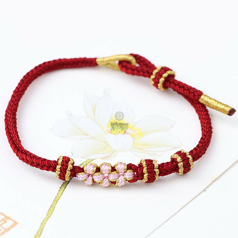 Braided String Bracelet with Handmade Three Peach Blossoms for Good Luck - Eight Strands - Image 14