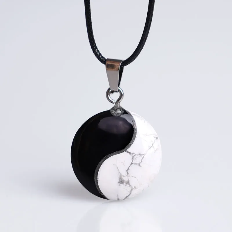 Natural Black Obsidian and White Turquoise Yin Yang Transformation Necklace Pendant - Image 3