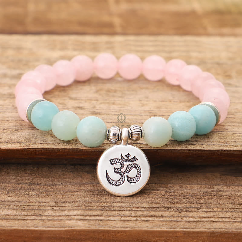 Natural Pink Crystal Amazonite Buddha Bracelet with Lotus and OM Symbol - Image 11