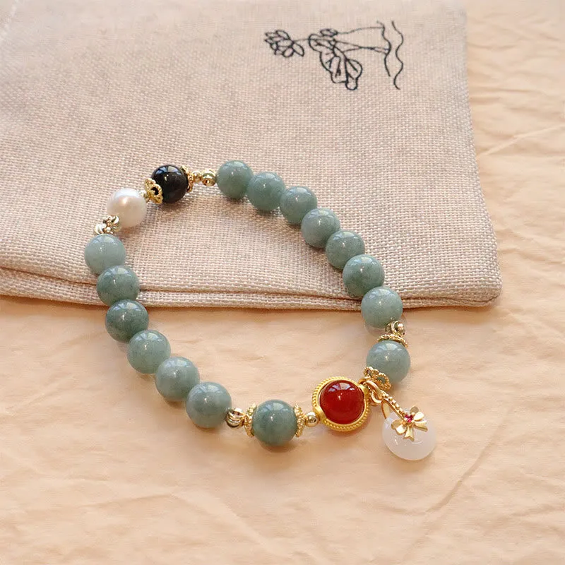 Natural Jade Red Agate Pearl Bracelet with Bow Tie Luck Charm