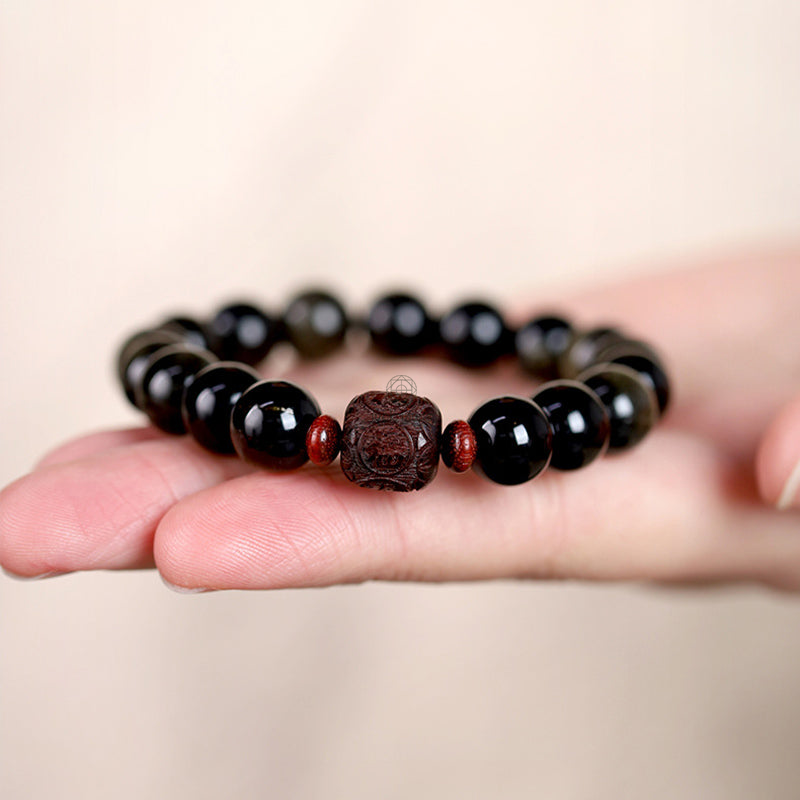Natural Gold Sheen Obsidian Rainbow Obsidian Om Mani Padme Hum Healing Bracelet - Image 16