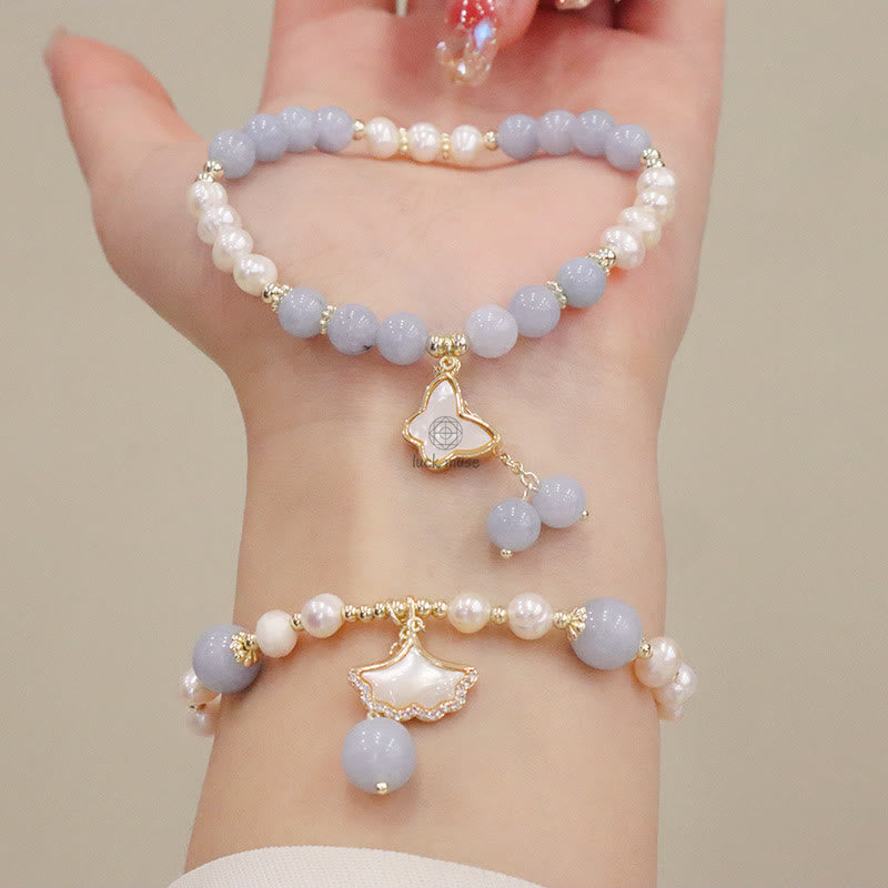 Aquamarine Pearl Healing Bracelet with Ginkgo Leaf and Butterfly Charm
