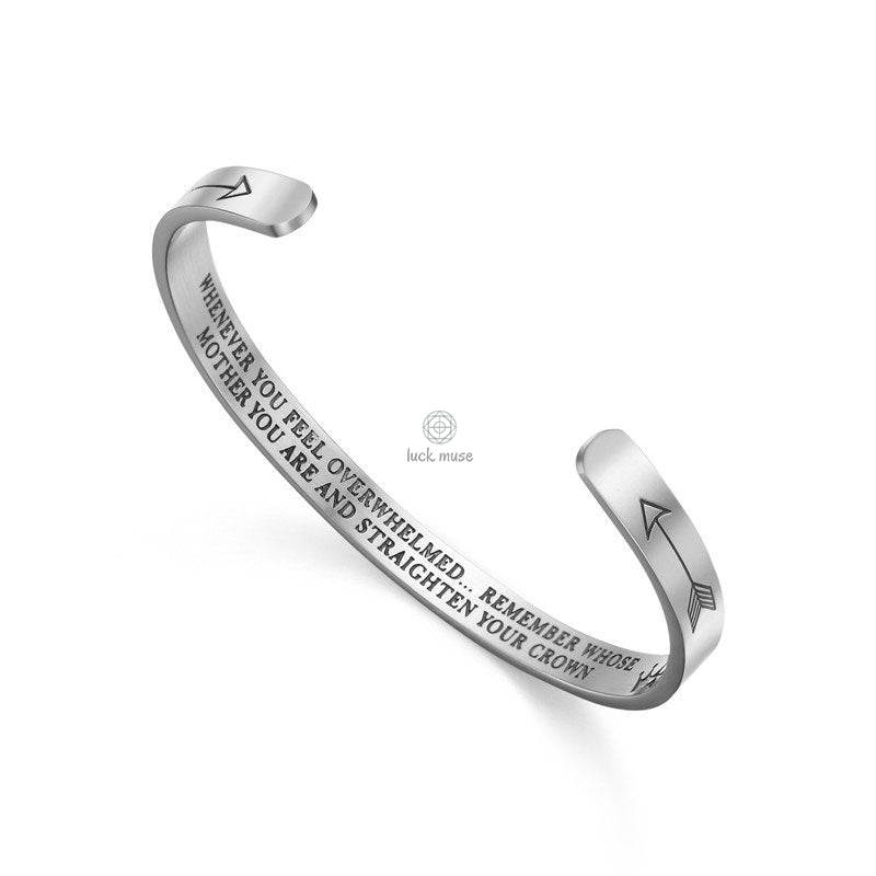 Luck Muse Engraved Mantra Cuff Bangle Bracelet - Personalized Inspirational Gift for Him/Her