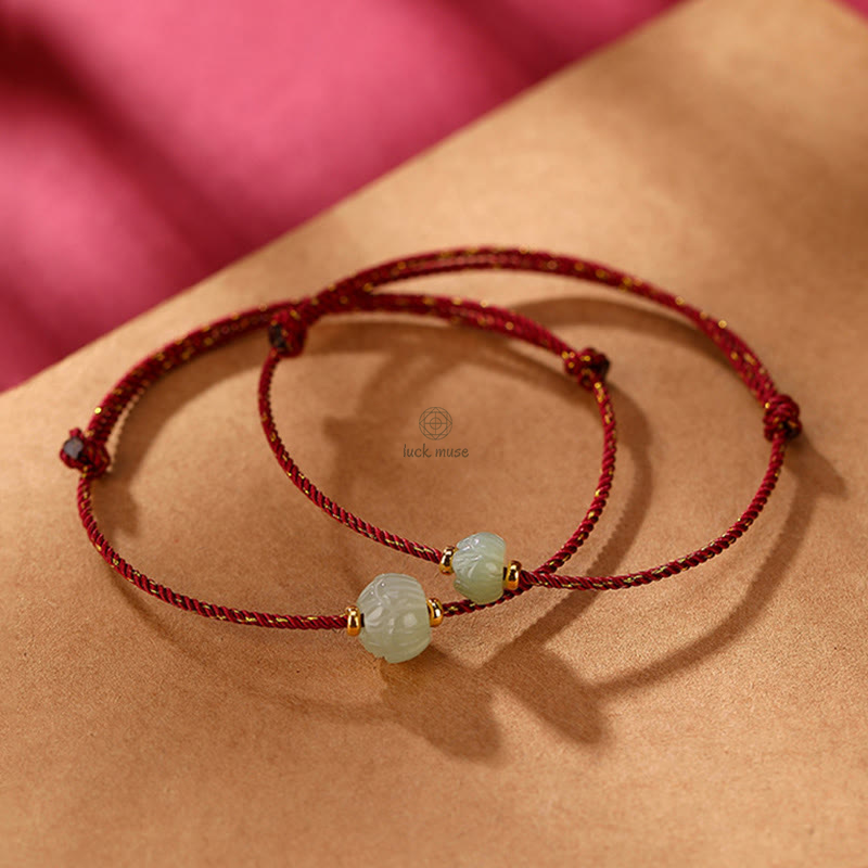 Gold-Plated Hetian Jade Lotus Luck Red String Bracelet with Luck Muse