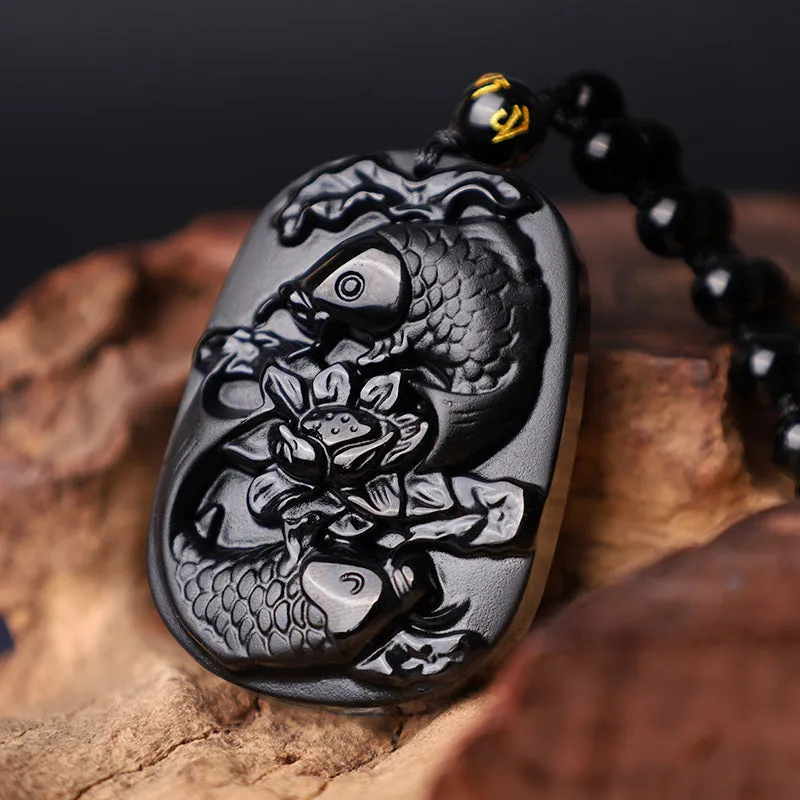 Natural Black Obsidian Koi Fish Lotus Strength Beaded Necklace - Image 5
