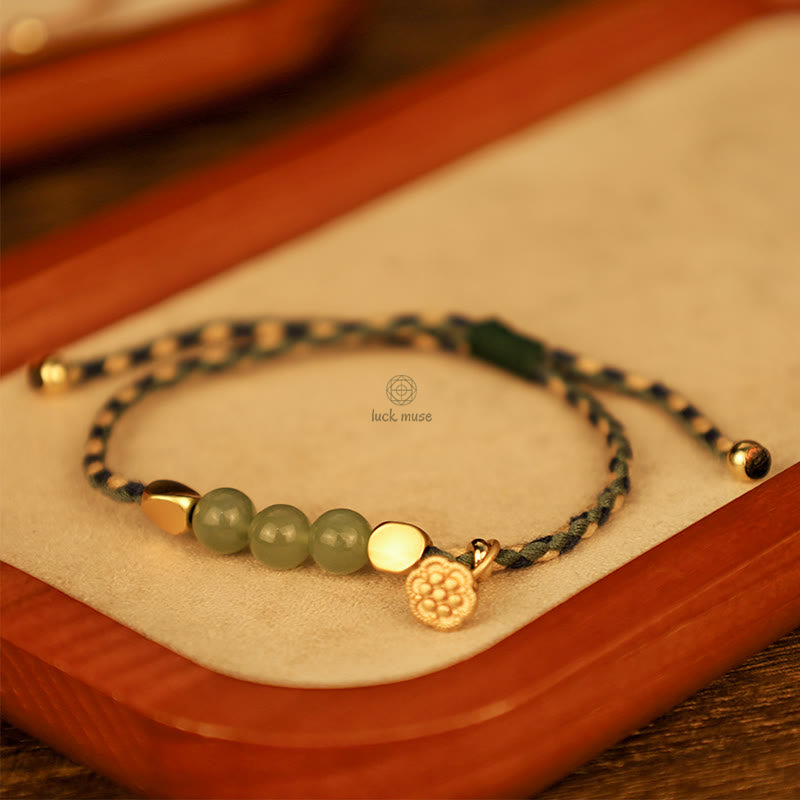 Handcrafted Hetian Jade Lotus Charm Bracelet - Luck Muse Lucky Braided Bracelet