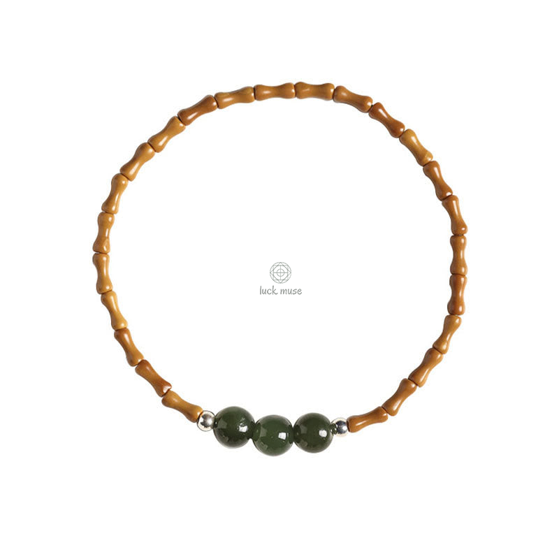 Bamboo Pattern Hetian Jade Beads Luck Bracelet with Luck Muse and Olive Pit - Natural - Image 17