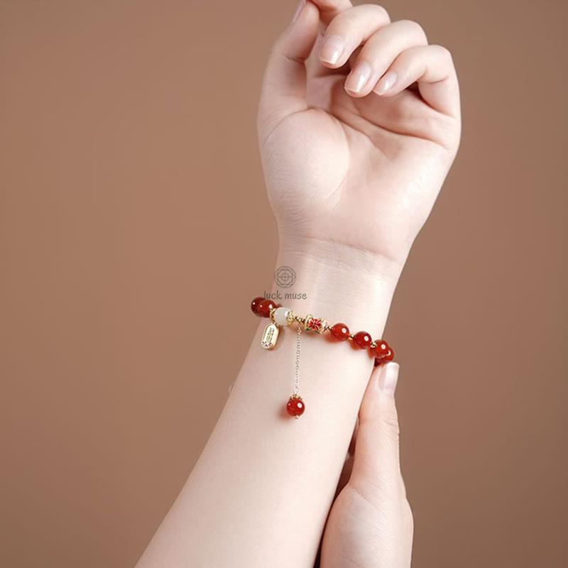 Natural Red Agate and Hetian Jade Fu Character Confidence Bracelet - Image 9