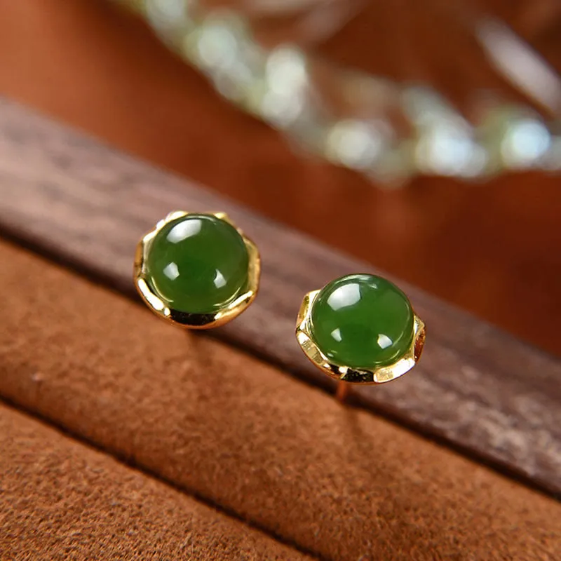 Luck Muse Gold-Plated Sterling Silver Hetian Cyan Jade Luck Stud Earrings