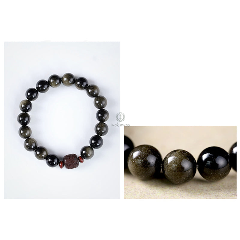 Natural Gold Sheen Obsidian Rainbow Obsidian Om Mani Padme Hum Healing Bracelet - Image 17
