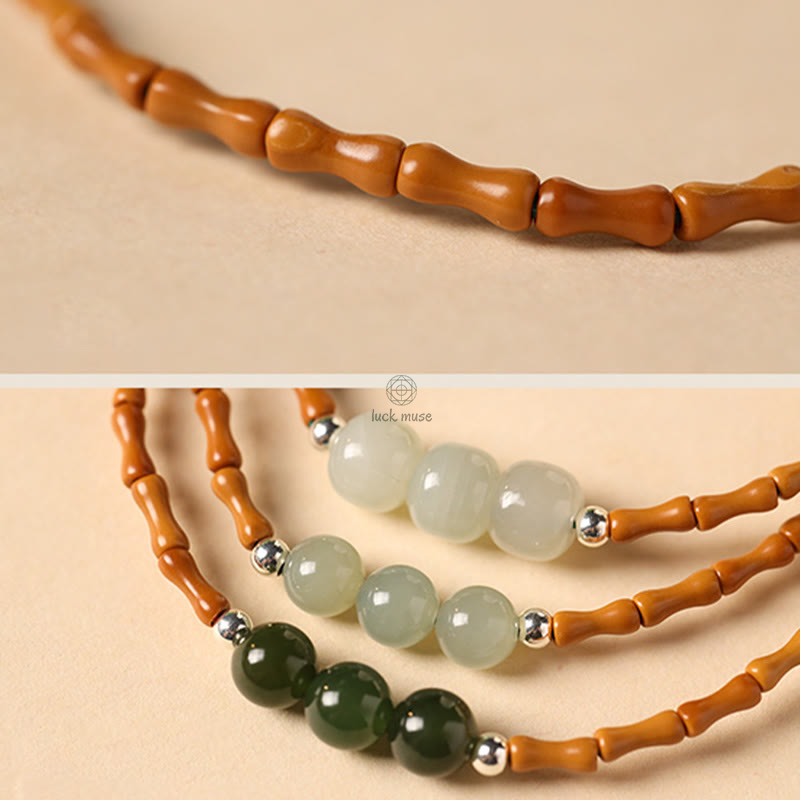 Bamboo Pattern Hetian Jade Beads Luck Bracelet with Luck Muse and Olive Pit - Natural - Image 16