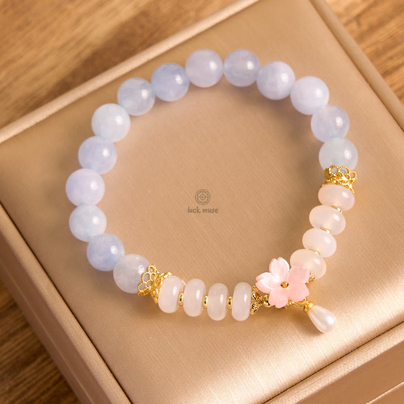 Aquamarine White Agate, Pearl and Abacus Beads Healing Bracelet with Luck Muse - Image 6