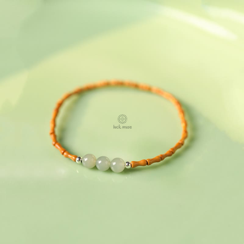 Bamboo Pattern Hetian Jade Beads Luck Bracelet with Luck Muse and Olive Pit - Natural - Image 7