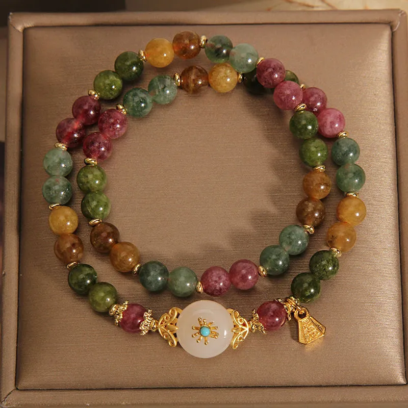 Natural Multicolored Tourmaline and Positive Jade Flower Double Wrap Bracelet - Image 2